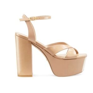 Stuart Weitzman Miami Patent Leather Tan Platform Sandals with Chunky Heel